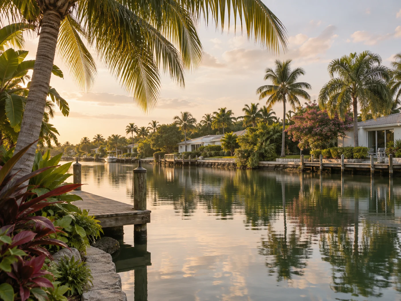 Palms reflected in a quiet residential canal