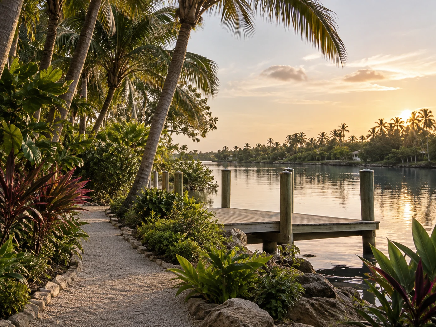 A quiet riverside path shaded by palms