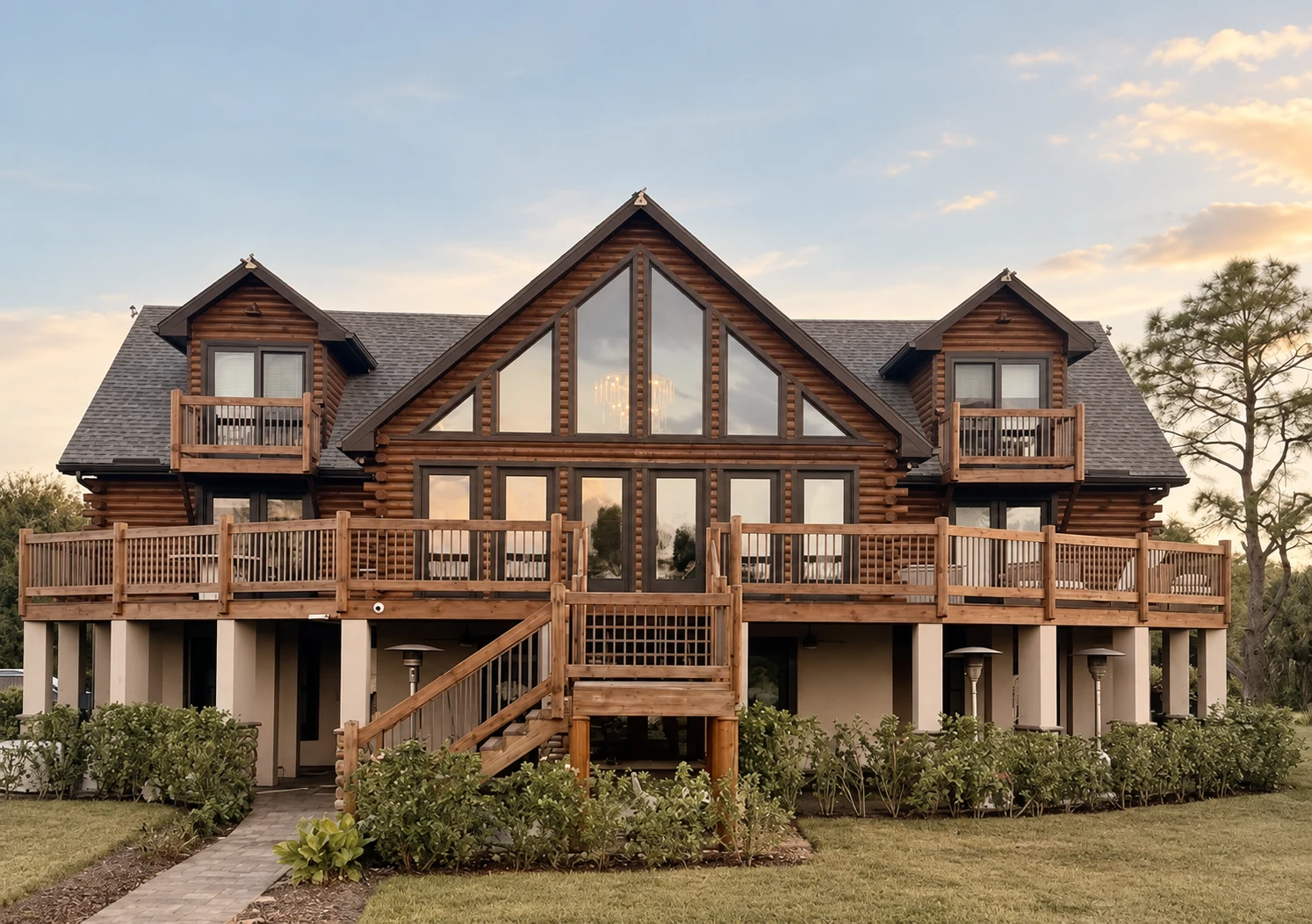 Log cabin with a broad timber deck, central stairs, and landscaped grounds