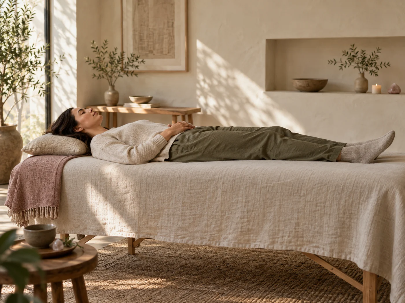 A restful energy session in a softly lit studio