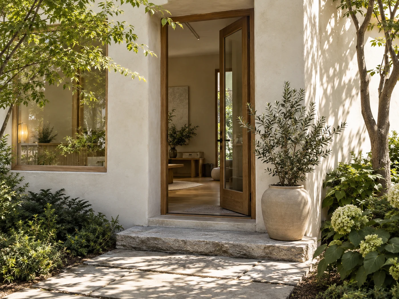 A studio entrance with an oak door, warm plaster, and leafy planting
