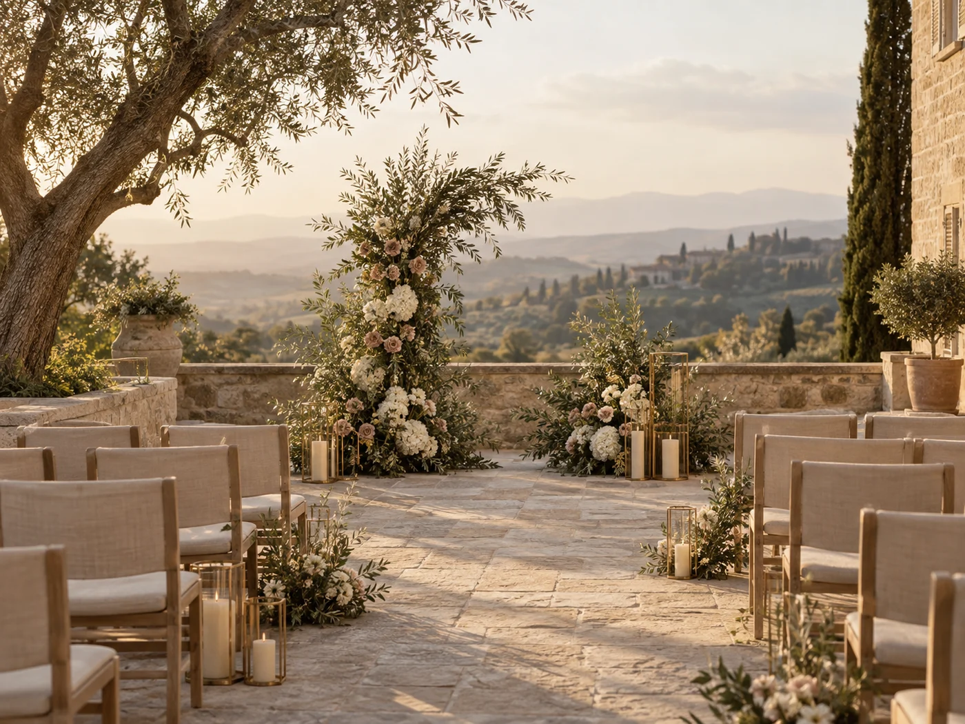 An intimate wedding setting on an elegant estate terrace