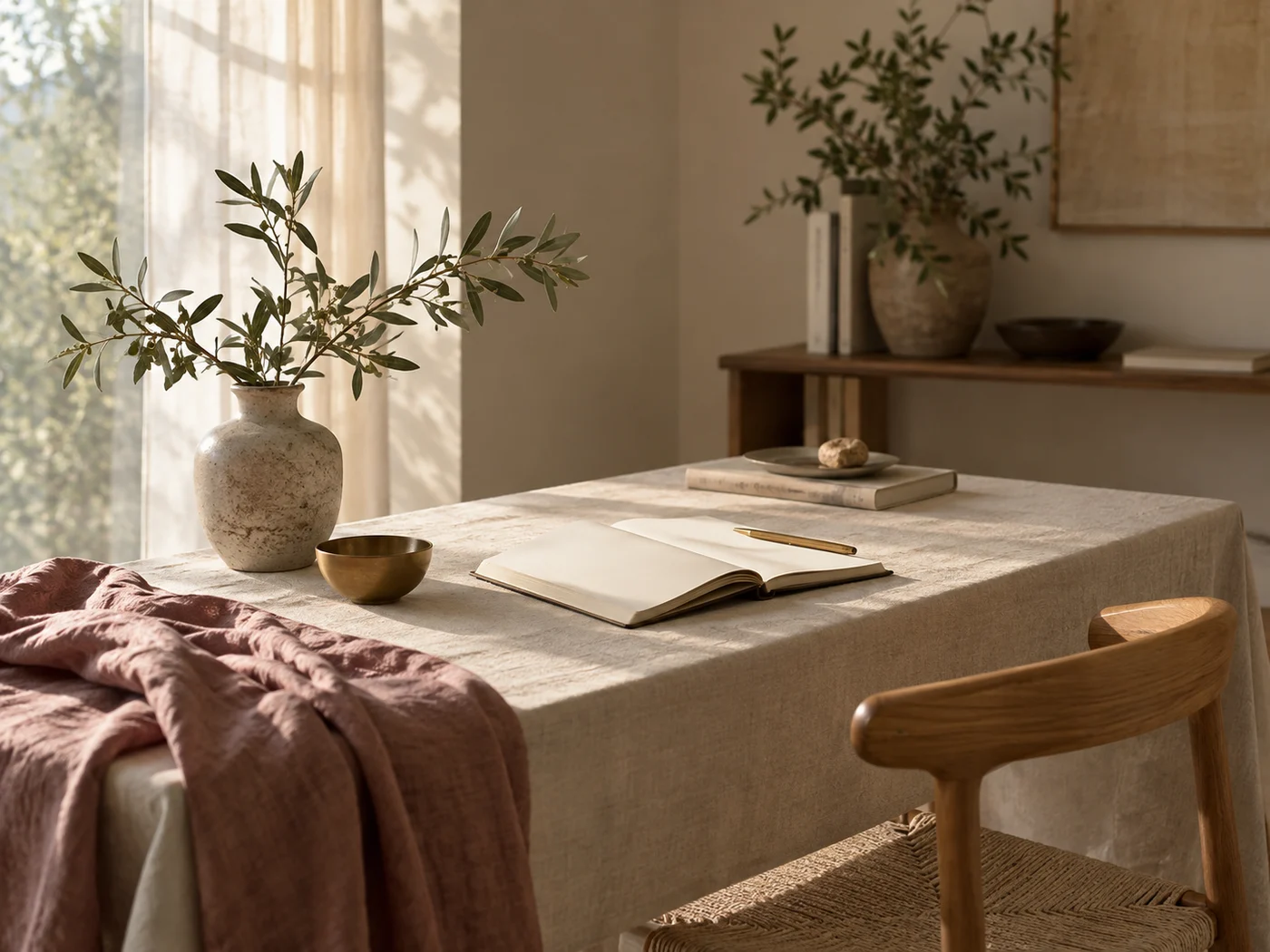 A blank journal beside a brass bowl in a sunlit studio