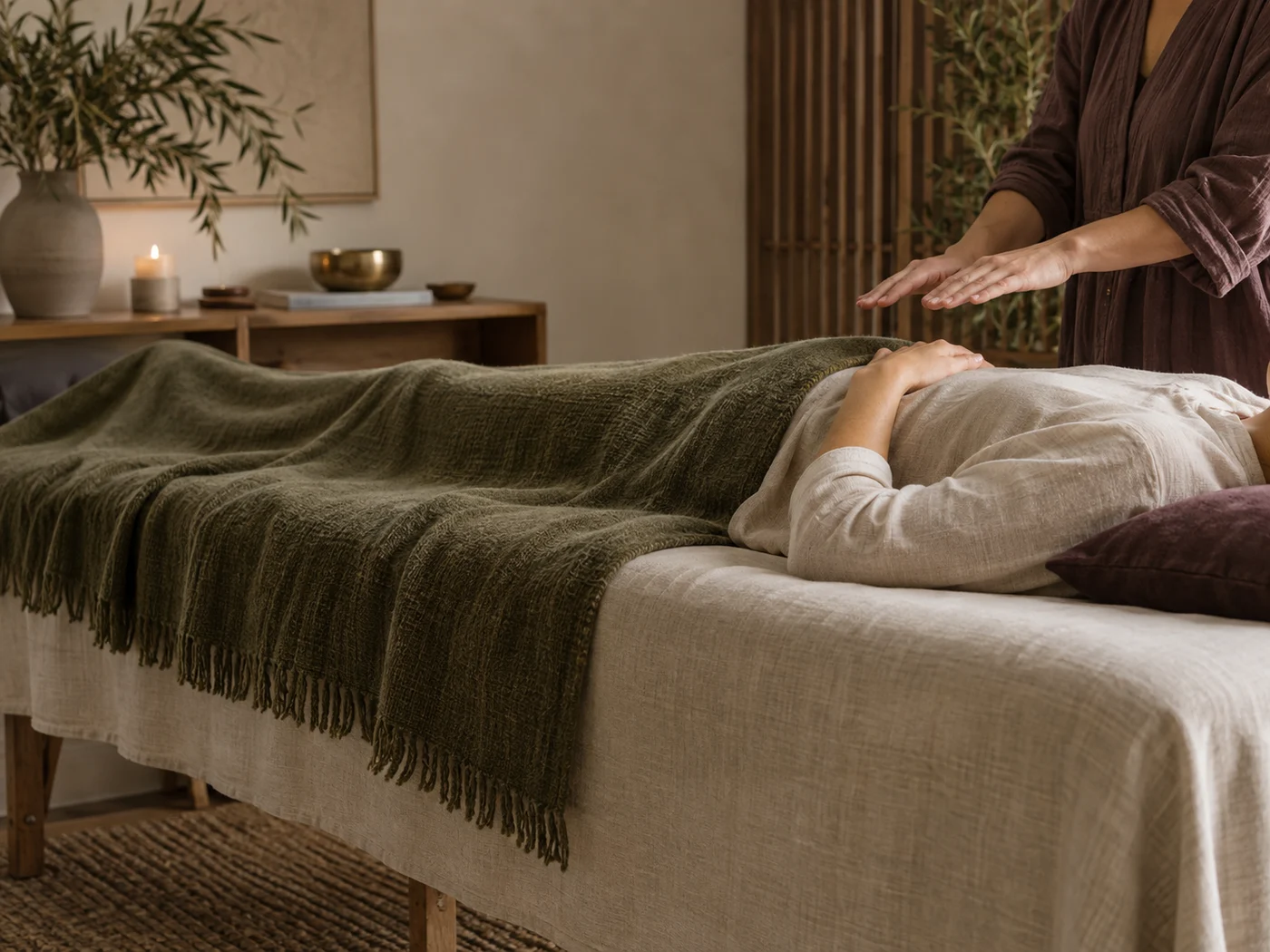 A restful energy session on a linen treatment couch