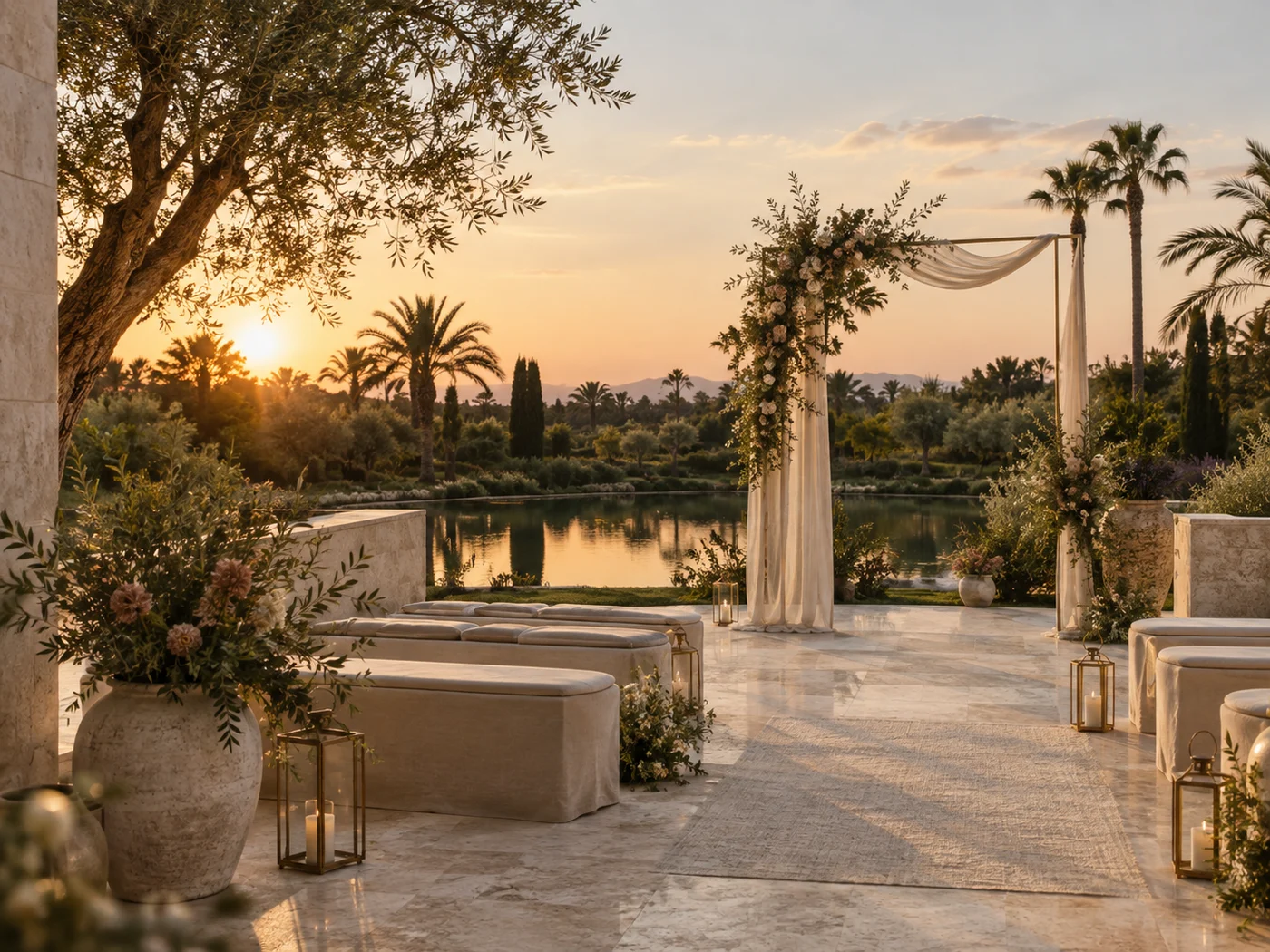 A wedding terrace framed by palms and cream flowers