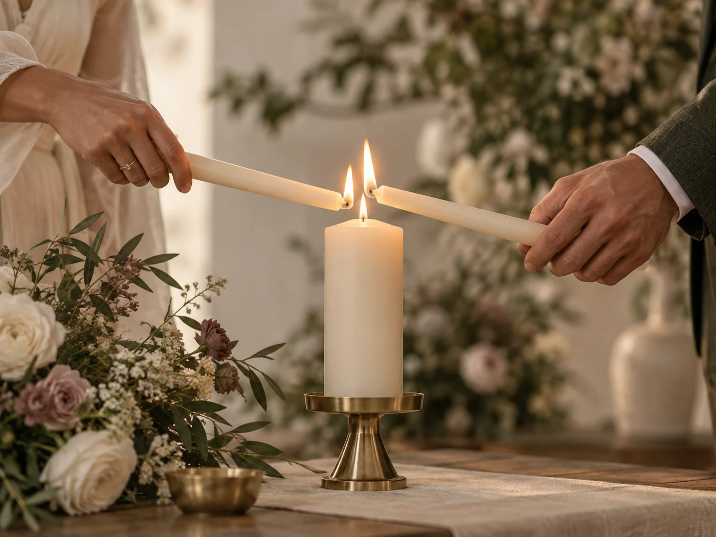 Two people lighting a shared unity candle