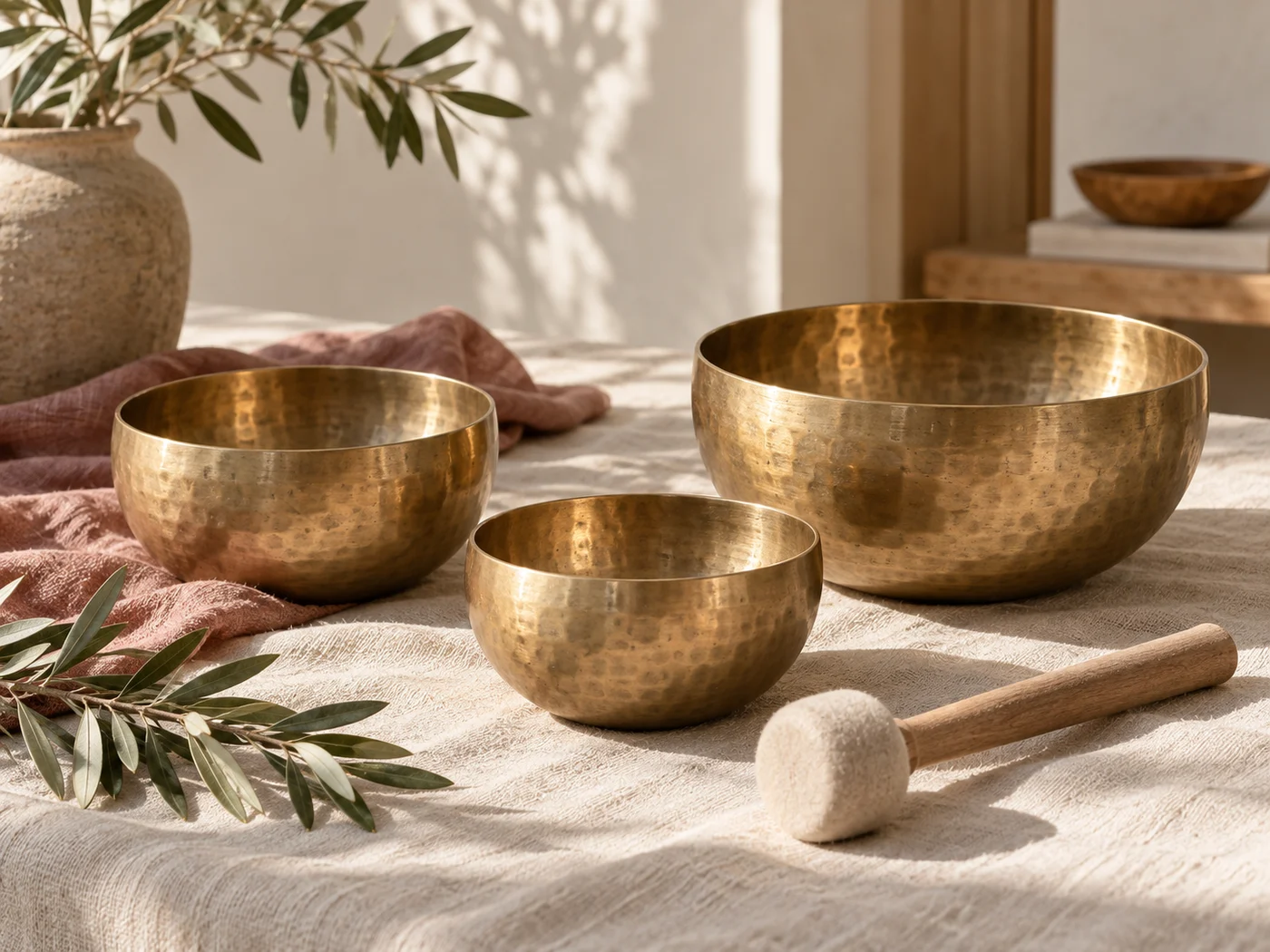 Brass singing bowls and a mallet on cream linen